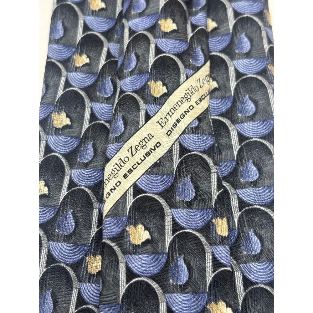 Ermenegildo Zegna Silk Tie Navy Blue Grey Gold Geometric Disegno Esclusivo Italy
